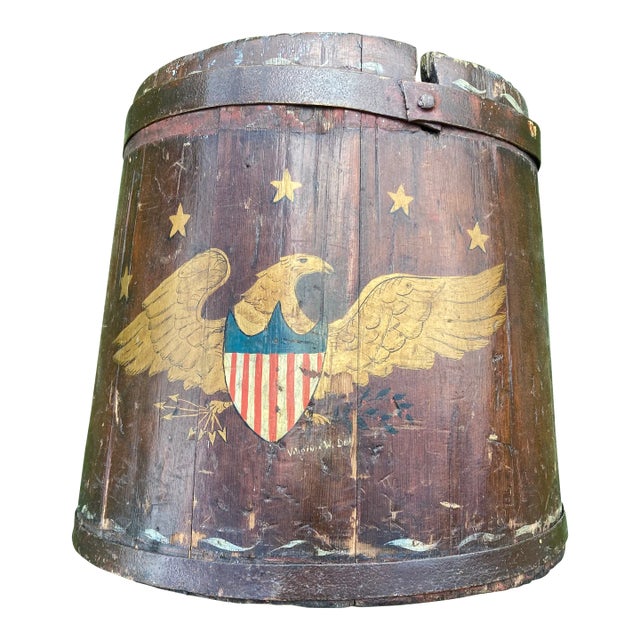 Antique 19th Century Hand Made Maple Sap Bucket Restored 1960's With Gold Leaf American Eagle by Chautauqua Artist Virginia Dean For Sale