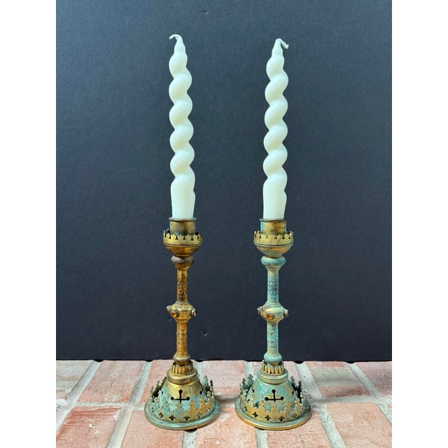 19th Century George Betjemann & Sons Gothic Revival Jeweled Bronze Candlesticks - A Pair For Sale - Image 4 of 12