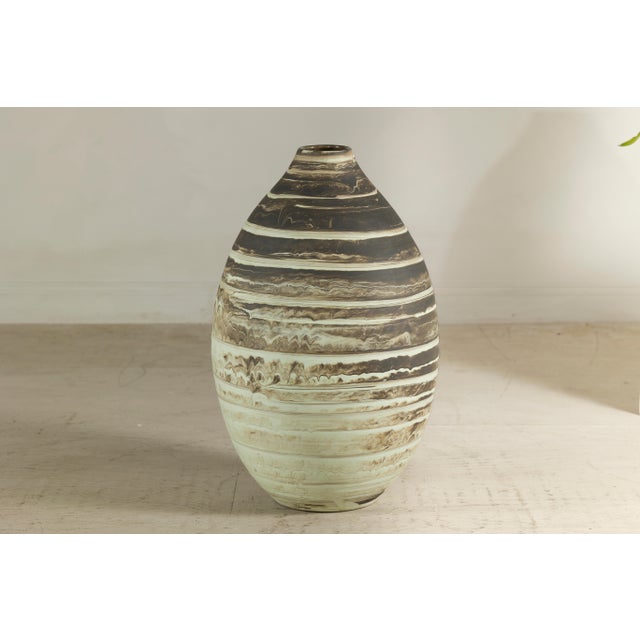 Large Artisan Ceramic Vase with Cream and Brown Striped Glaze For Sale - Image 11 of 12