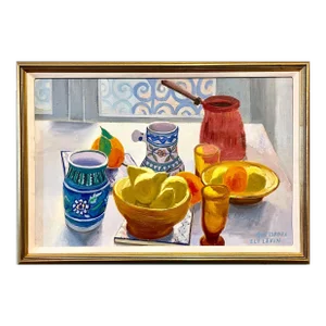 Eli Levin, Oil Painting Still Life Tablescape with Coffee & Oranges 1972 Israel Eli Levin, 1972