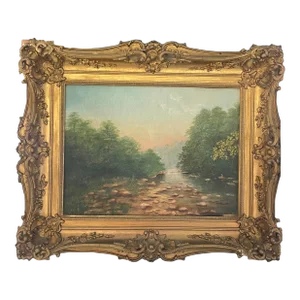 Antique Landscape Oil Painting in Gold Ornate Frame