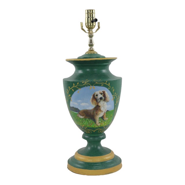 Vintage Urn Shaped Table Lamp With Hand Drawn Dog Image on Green Background For Sale