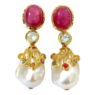 Bochic "Orient" Ruby, Topaz & Multi Fancy Sapphire Earrings 18K Gold & Silver For Sale