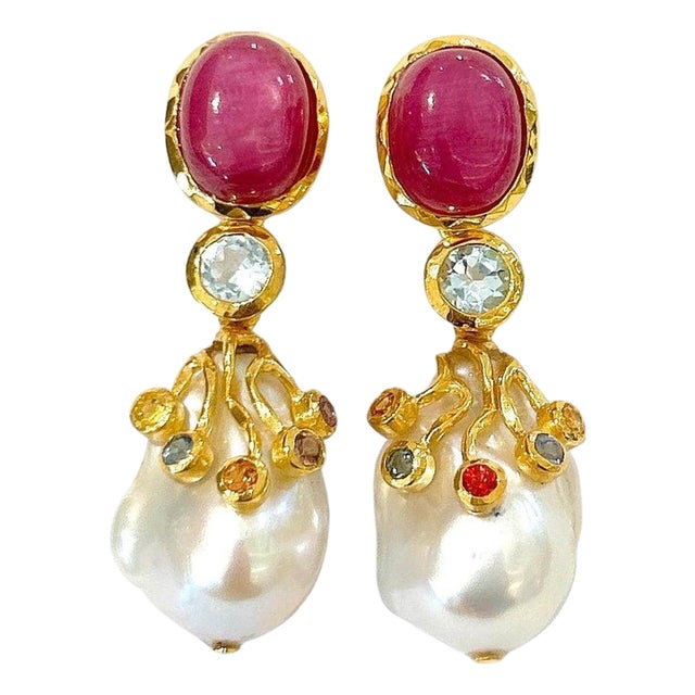Bochic "Orient" Ruby, Topaz & Multi Fancy Sapphire Earrings 18K Gold & Silver For Sale