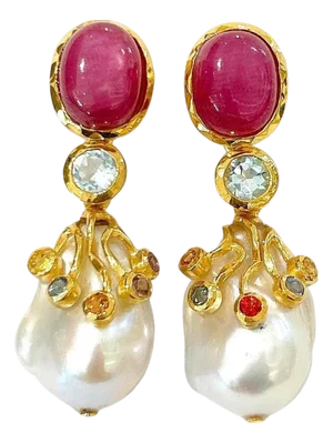 Bochic "Orient" Ruby, Topaz & Multi Fancy Sapphire Earrings 18K Gold & Silver