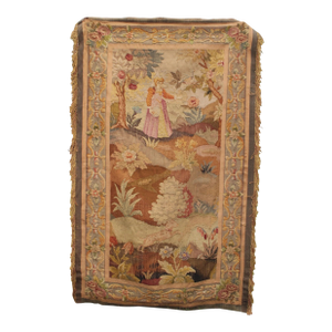 19thc French Antique Authentic Hand Knotted Aubusson Garden Landscape Scene W/ Woman Dog Wall Hanging Tapestry