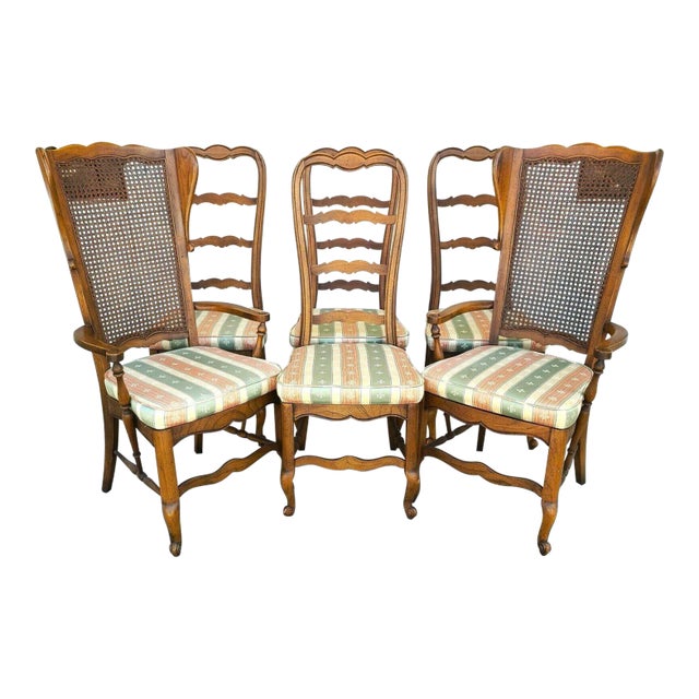 Vintage French Country Oak Wingback Dining Chairs - Set of 6 For Sale