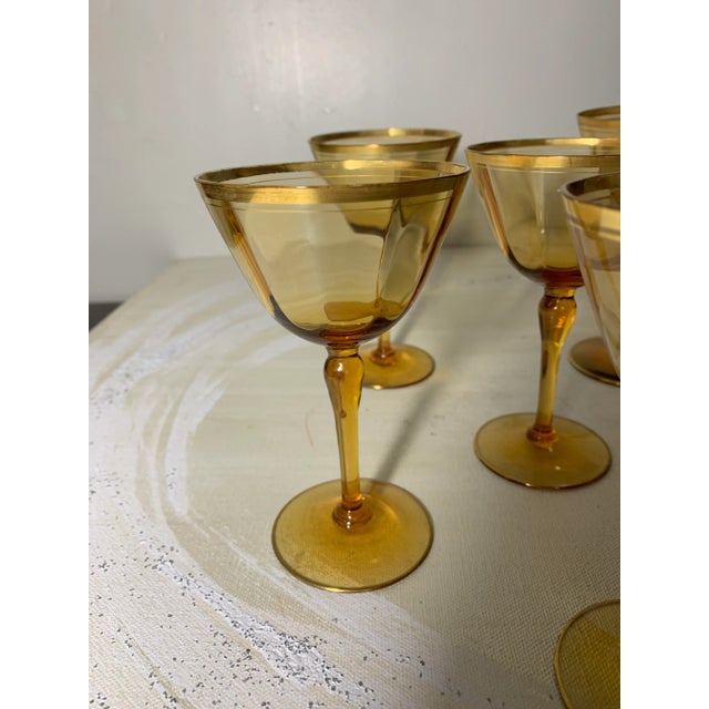 Modern Vintage Amber Sherry Glasses With Gilt Rim Design - Set of 6 For Sale - Image 3 of 4