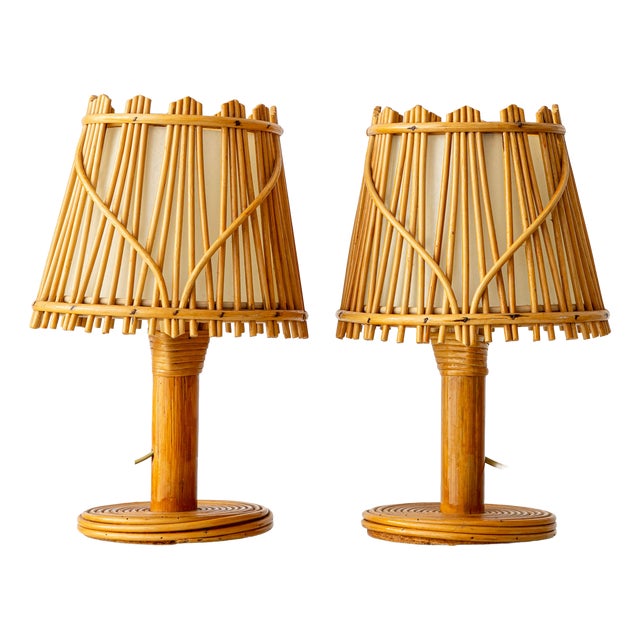 Vintage French Riviera Rattan Table Lamps in the Style of Louis Sognot, 1960s, Set of 2 For Sale