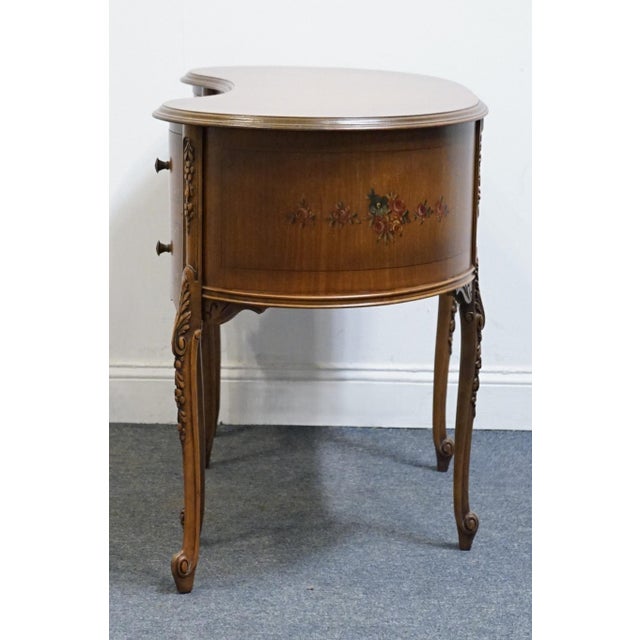 Vintage Antique Solid Walnut Louis XV French Provincial 42" Kidney Vanity Table W. Hand Painted Floral Accents For Sale - Image 11 of 13