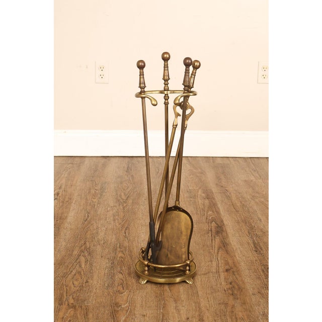 High Quality Vintage Brass Fireplace Tool Set Including Poker, Shovel, And Tongs On Circular Stand