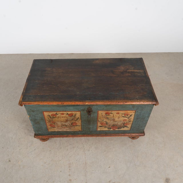 1822 Original Hand-Painted Blue Pine Flat Top Trunk For Sale - Image 4 of 13