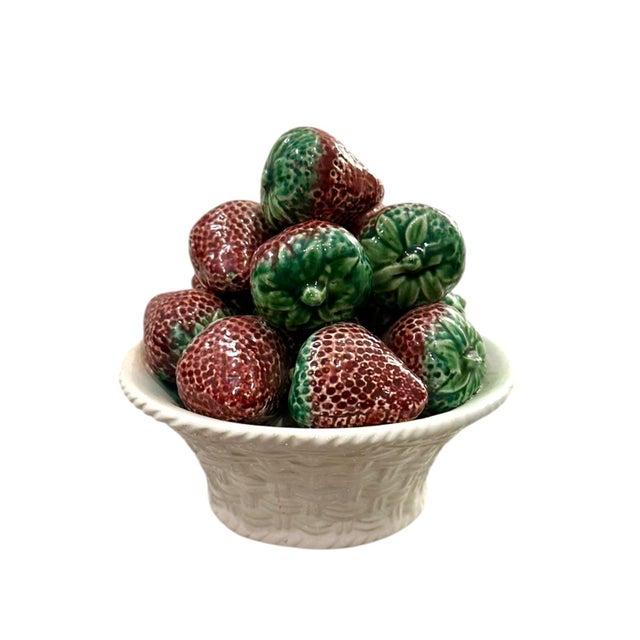 Vintage Full Size Strawberry / Strawberries Topiary Majolica / Ceramic / Trompe l'Oeil Centerpiece in Lattice / Basket-Woven Pedestal Pot For Sale - Image 4 of 7