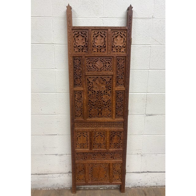 Asian Vintage Hand Carved Two Panel Teak Room Divider Folding Screen For Sale - Image 3 of 14