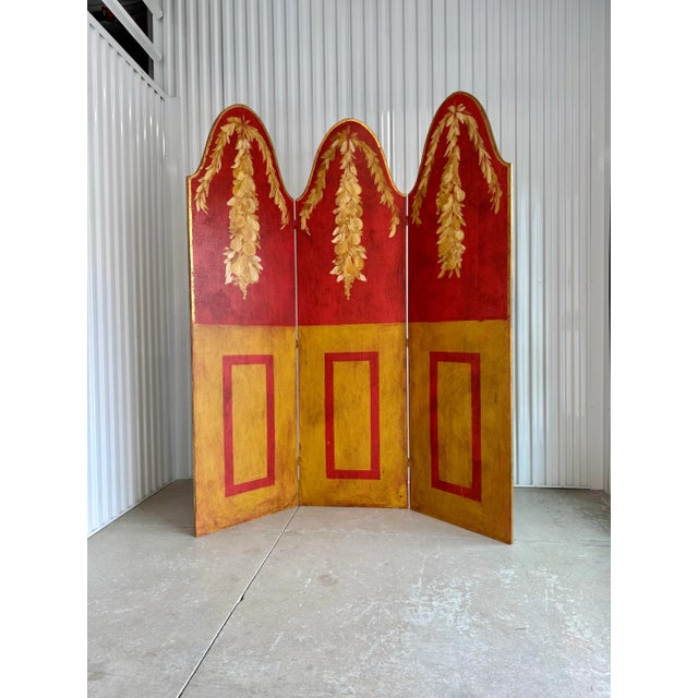 Stunning French gilt gold hand painted three panel wooden room divider. The perimeter of the panels are lined in gold...