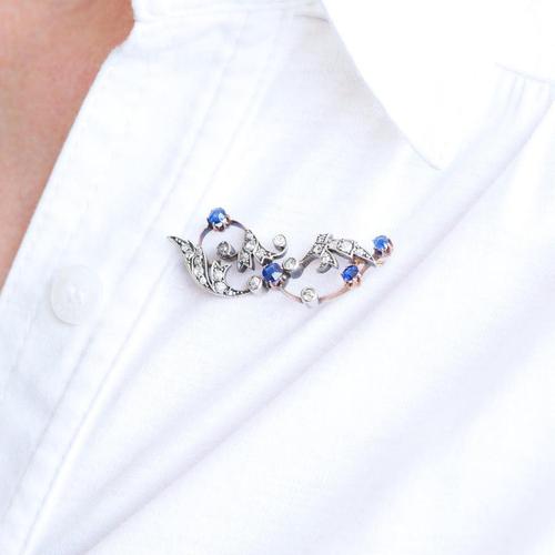Antique Victorian 9 Karat Gold, Sapphire and Diamond Brooch with Foliate Motif, 1880s For Sale - Image 6 of 18