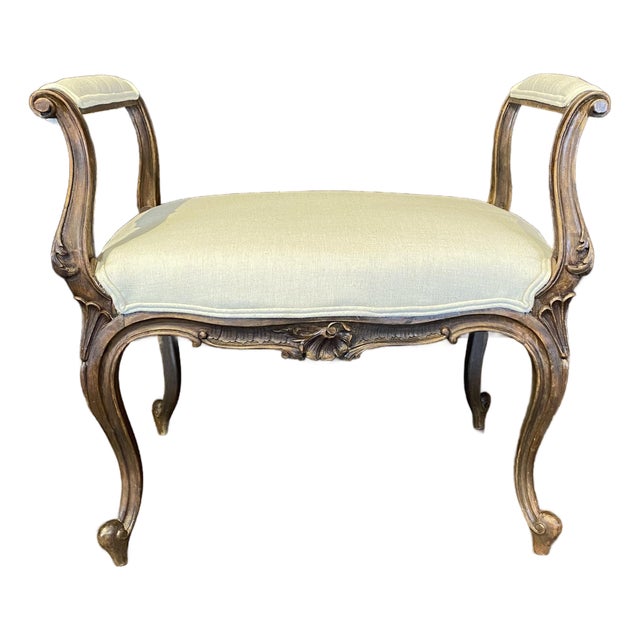 19th Century French Louis XV Carved Walnut Accent Bench, Vanity Seat or Ottoman For Sale
