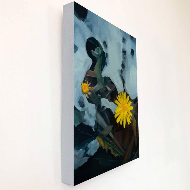 This artwork depicts a vibrant yellow dandelion emerging from a dark, textured background, symbolizing resilience amidst...