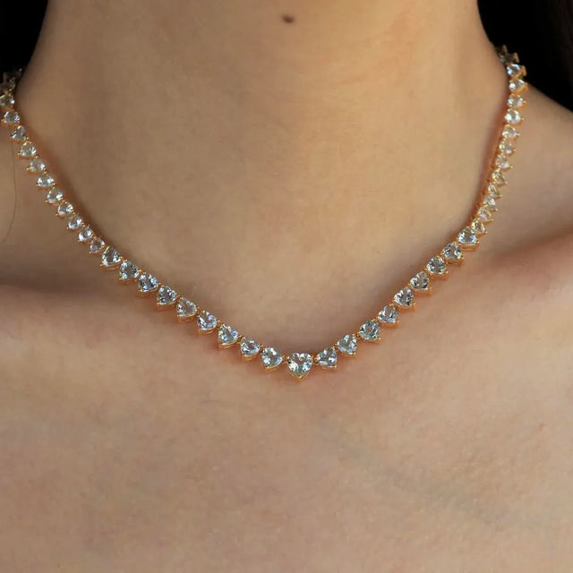 Metal Nina Zhou 20.40ct Heart Aquamarine Riviera Graduated Tennis Necklace in 14k Gold For Sale - Image 7 of 12