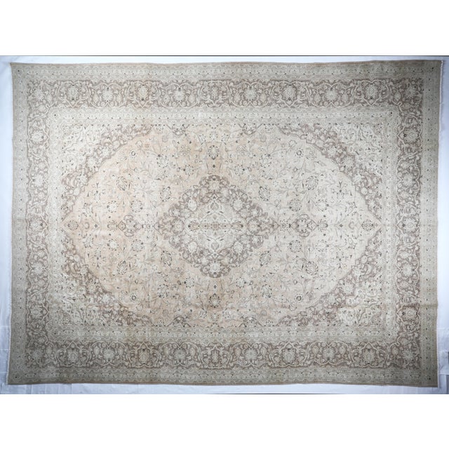 Oversized Vintage Persian Tabriz Rug – Cream & Vinework Serenity Grace your interiors with this stately oversized Persian...