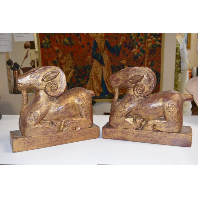 1970s Pair Carved Wood Seated Rams Gold / Burgundy Wash For Sale - Image 5 of 14