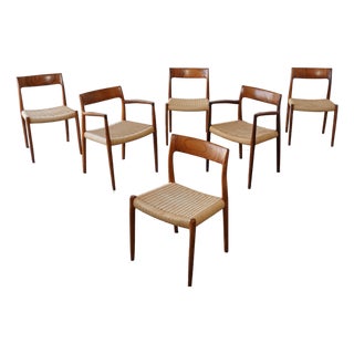 1960s Set of 6 Danish Modern Niels Otto Møller Rosewood Papercord Dining Chairs Models 57 & 77 For Sale