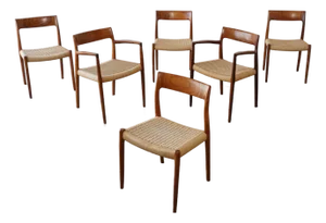 1960s Set of 6 Danish Modern Niels Otto Møller Rosewood Papercord Dining Chairs Models 57 & 77