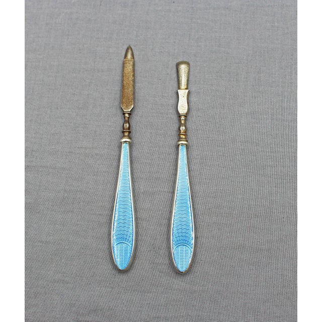Art Deco 1930 Sterling Silver and Enamel Nail File and Cuticle Pusher Set For Sale - Image 3 of 7