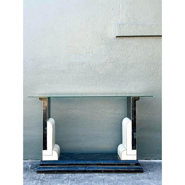 Metal Vintage Boho Tessellated Stone and Brass Inlay Console Table For Sale - Image 7 of 10