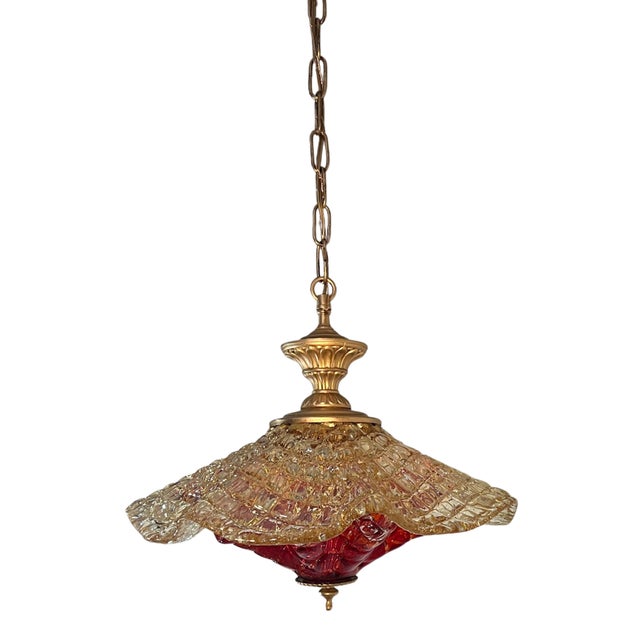 Vintage Murano Fazzoletto Art Glass “Fiore Di Fuoco” Amber Red Pendant Light For Sale - Image 15 of 18