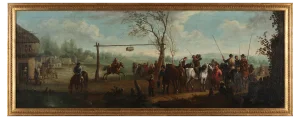 Running at the Ring, Very Large Representation of the Medieval Horse Game, Dutch, 1700, Oil on Canvas