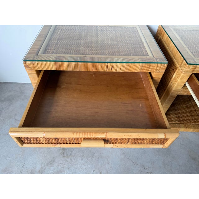 Vintage Coastal Palm Beach Rattan & Woven Cane Nightstands With Glass Tops — A Pair For Sale - Image 11 of 12