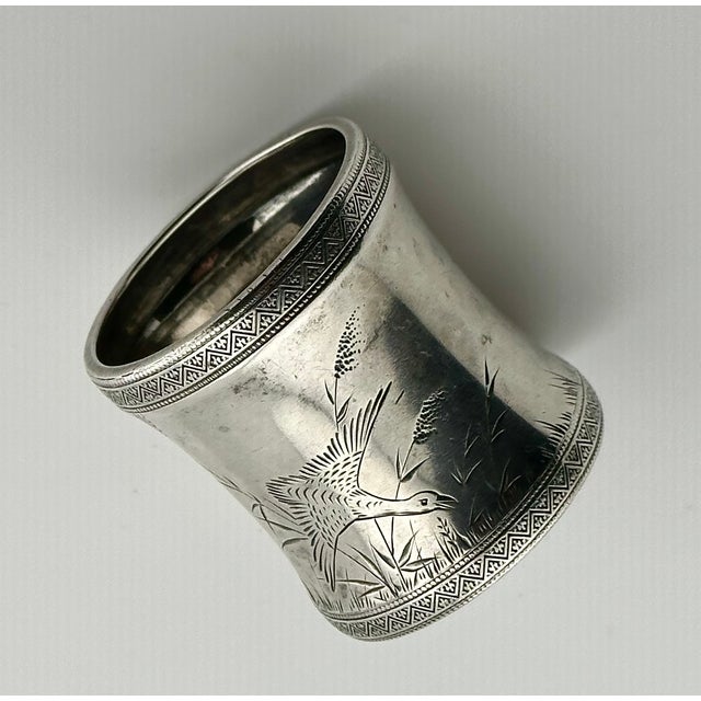 Fine Large 1880s Antique Victorian Hand Engraved Stering Silver Napkin Ring With Wild Turkeys in Flight for "Hattie" For Sale - Image 14 of 17