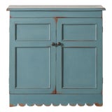 Antique English Pine Blue Painted Cabinet With Interior Shelves + Scalloped Apron For Sale