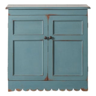 Antique English Pine Blue Painted Cabinet With Interior Shelves + Scalloped Apron For Sale