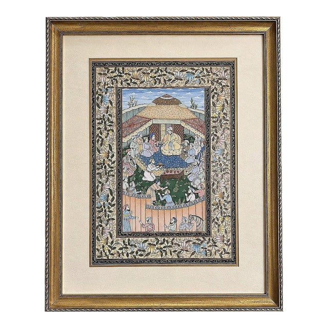 1940s Large Indian Miniature Painting Mughal Royal Court, Framed 30" For Sale