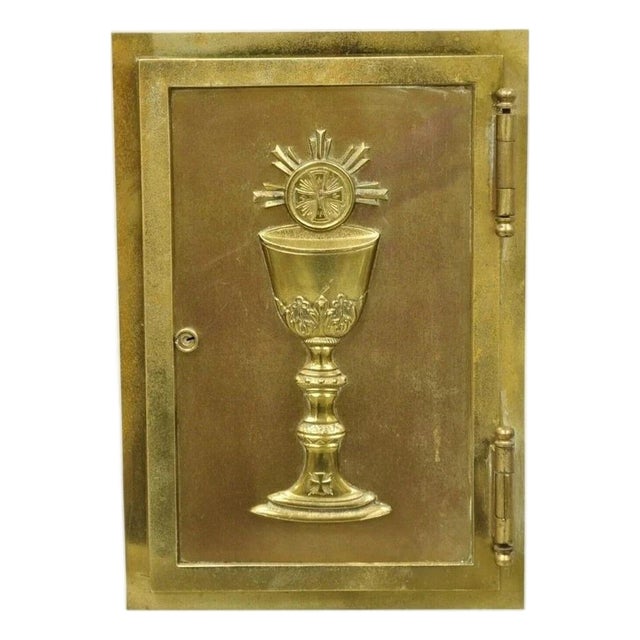 Antique Gothic Bronze Wall Hanging Altar Door Tabernacle With Chalice (B) For Sale