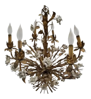 Hollywood Regency Italian Gold Gilded Tole White Roses Chandelier