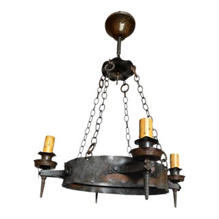 Antique Hand Forged Iron Chandelier With Flowers and Original Patina For Sale