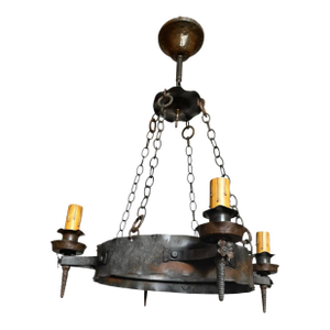 Antique Hand Forged Iron Chandelier With Flowers and Original Patina