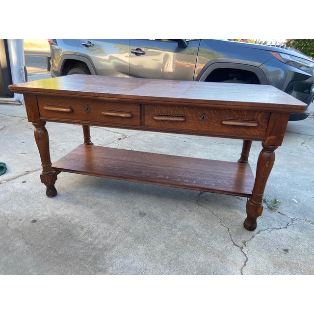 Antique Arts and Crafts Oak Library Desk Writing Table Wirh Shelf Mission Style For Sale - Image 17 of 18