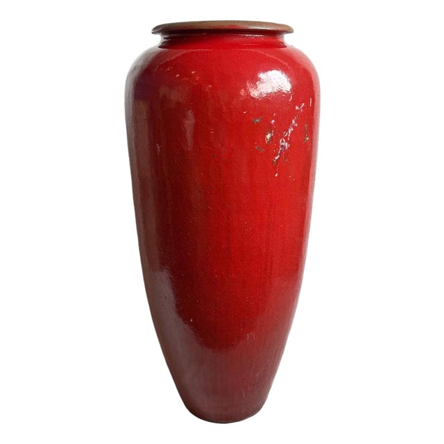 Vintage Asian Tall Red Ceramic Urn For Sale