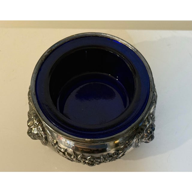 Vintage Silverplate & Cobalt Glass Footed Salt Cellar / Decorative Vanity Bowl For Sale - Image 10 of 12