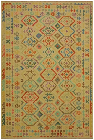 1990s Navajo Style Tan/Blue Hand-Woven Kilim Wool Rug -6'10 X 9'7