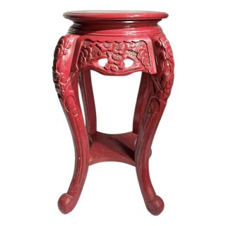 Vintage Chinese Burgundy Red Carved Wood End Table Pedestal For Sale