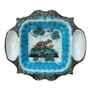 19th Century Majolica Strawberries Platter With Dog Holding a Basket For Sale