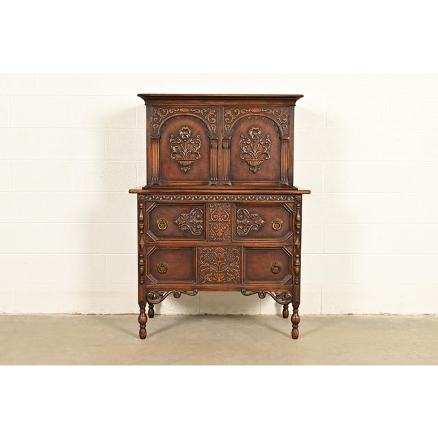 Berkey & Gay Style Antique English Jacobean Carved Walnut Highboy Dresser, Circa 1920s For Sale - Image 16 of 16