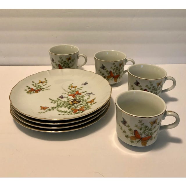 Vintage "Butterfly" Shafford Porcelain Tea Cups and Dessert Plates Set