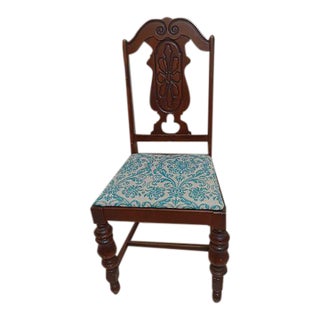 Antique Wood Dark Tone Dining Side Chair With Upholstered Seat For Sale