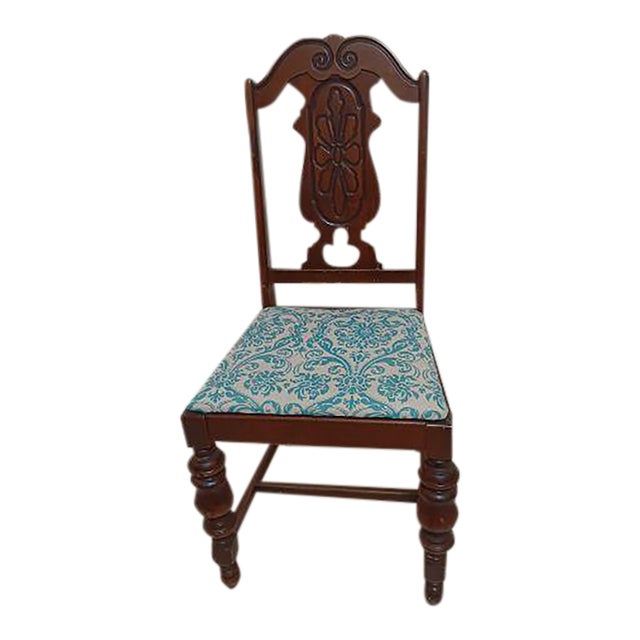 Antique Wood Dark Tone Dining Side Chair With Upholstered Seat For Sale